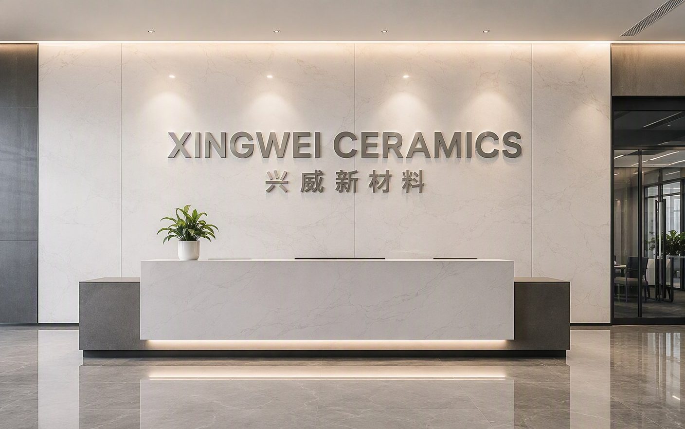 Xingwei Ceramics company reception — logo wall of Huizhou Xingwei New Material Technology Co., Ltd.