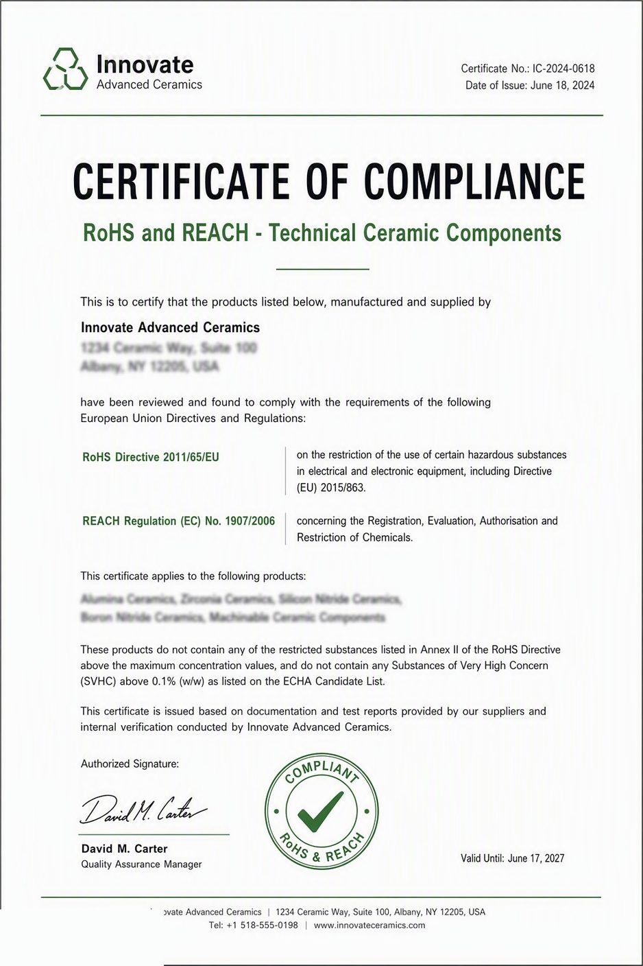 RoHS and REACH certificate of compliance — technical ceramic components