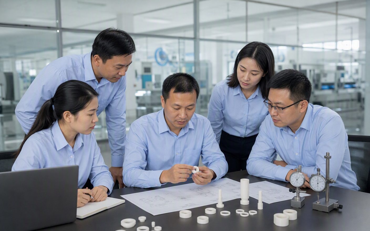 Xingwei Ceramics engineering team reviewing ceramic part drawings