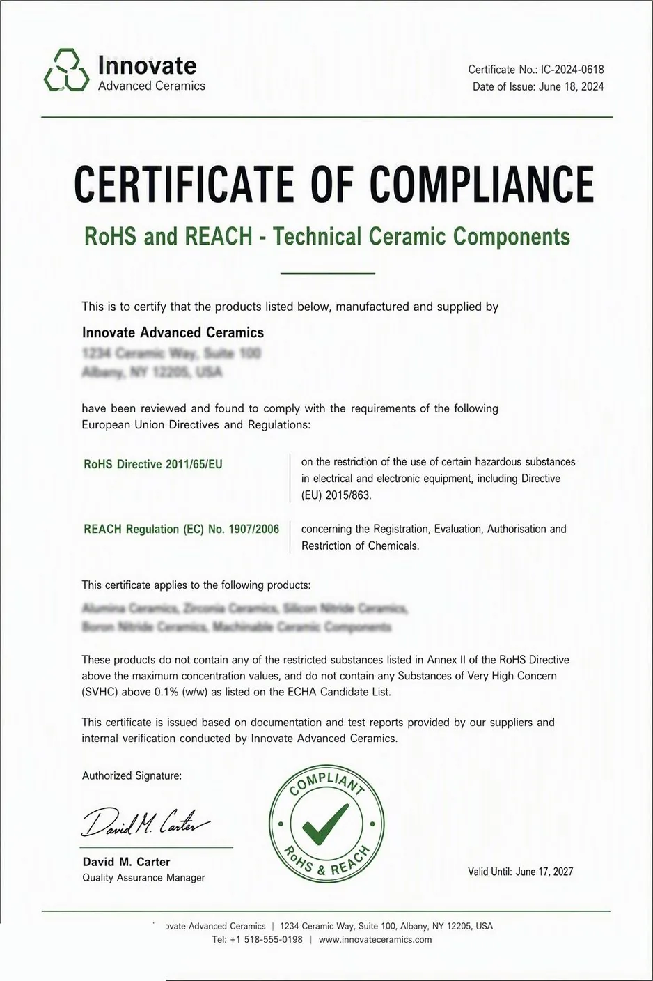 RoHS and REACH certificate of compliance — technical ceramic components