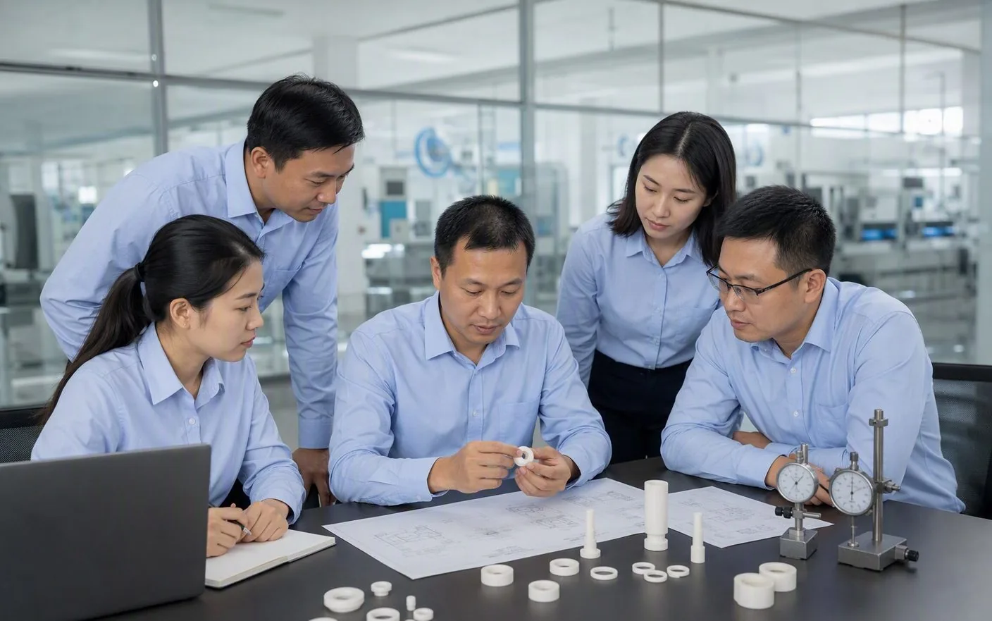 Xingwei Ceramics engineering team reviewing ceramic part drawings